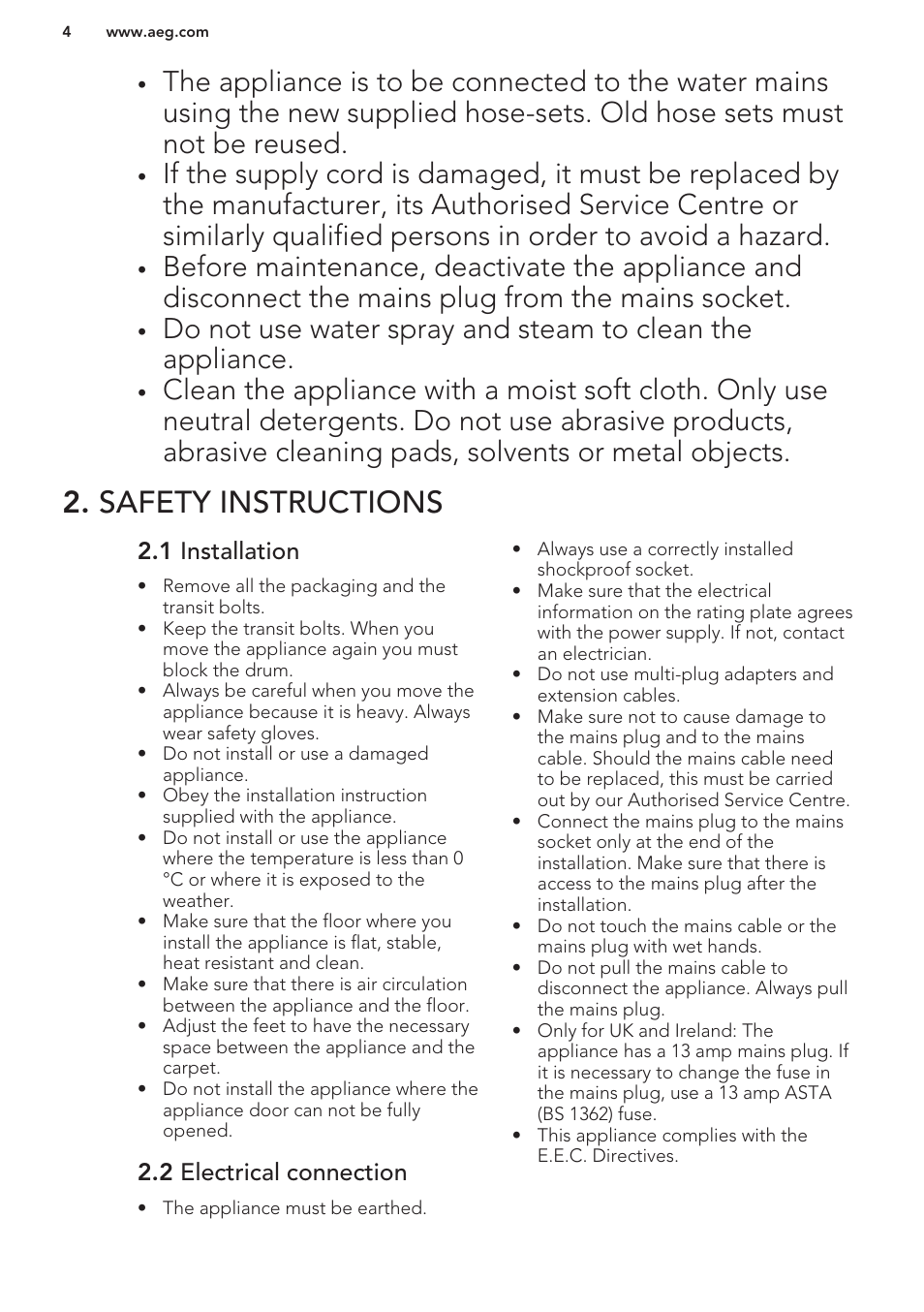 Safety instructions, 1 installation, 2 electrical connection | AEG L61271WDBI User Manual | Page 4 / 32