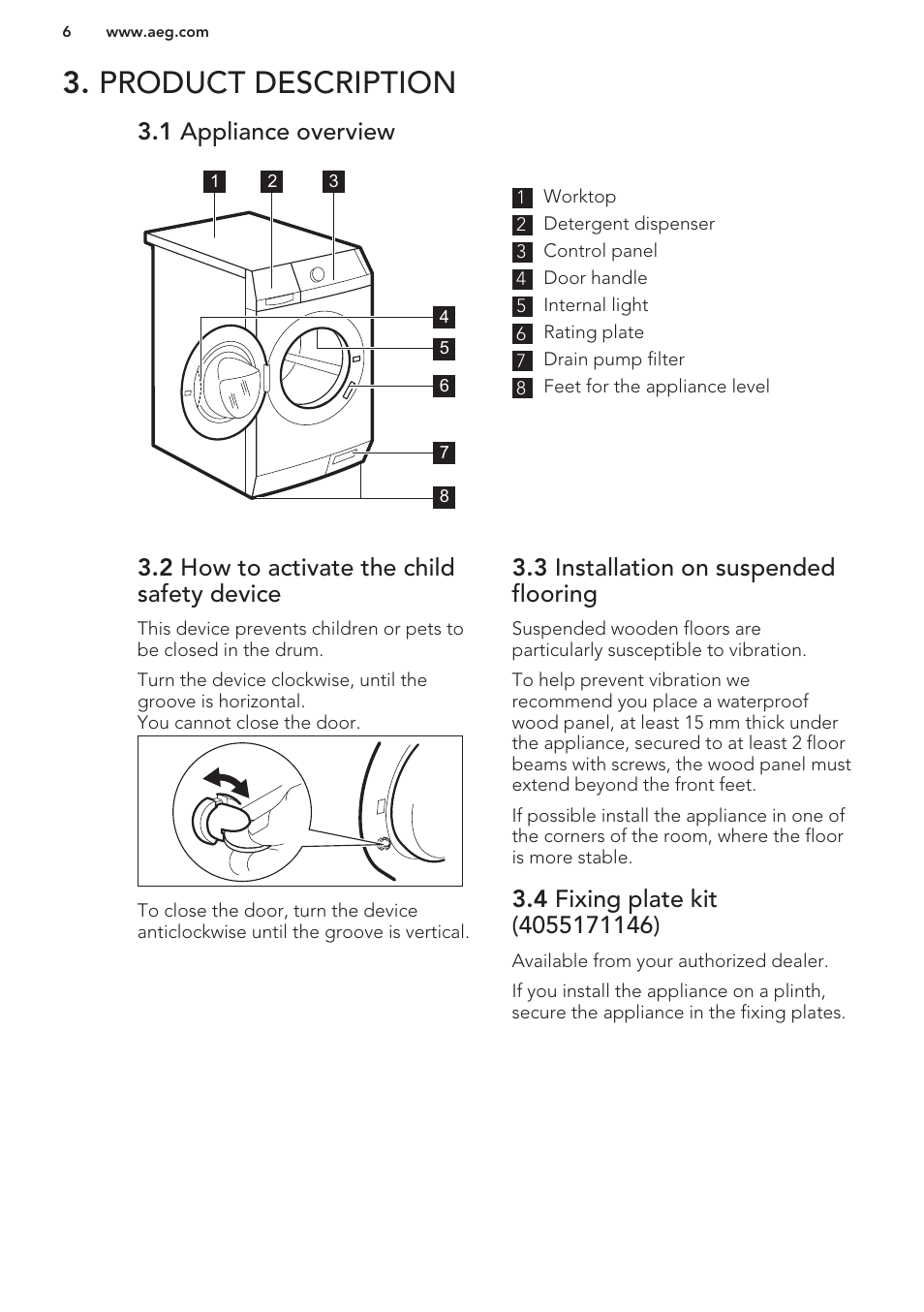 Product description, 1 appliance overview, 2 how to activate the child safety device | 3 installation on suspended flooring, 4 fixing plate kit (4055171146) | AEG L61271WDBI User Manual | Page 6 / 32