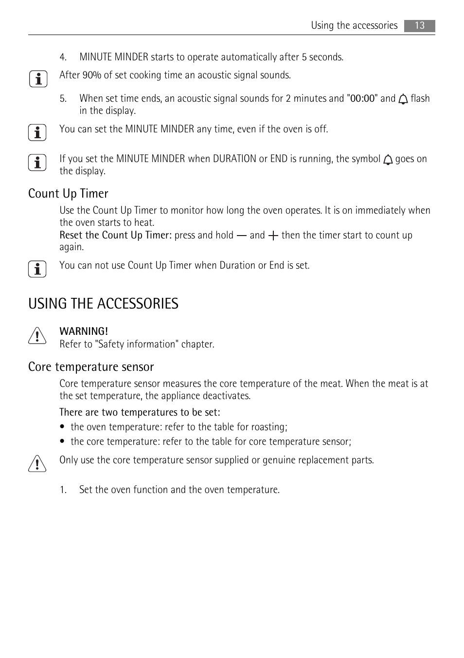 Using the accessories, Count up timer, Core temperature sensor | AEG BE3003021M User Manual | Page 13 / 40