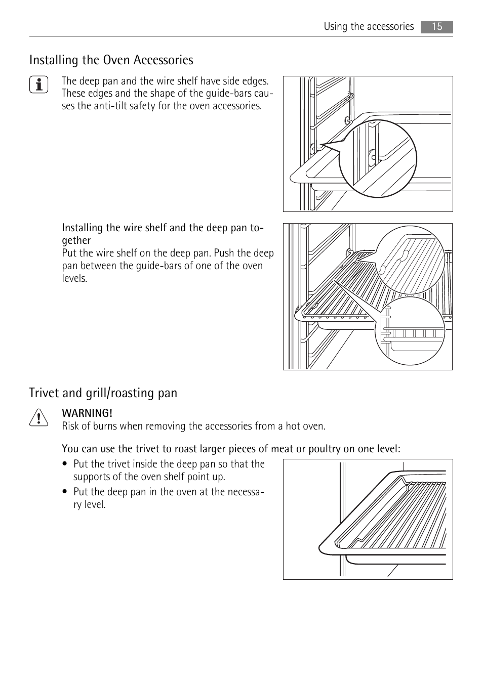 Installing the oven accessories, Trivet and grill/roasting pan | AEG BE3003021M User Manual | Page 15 / 40