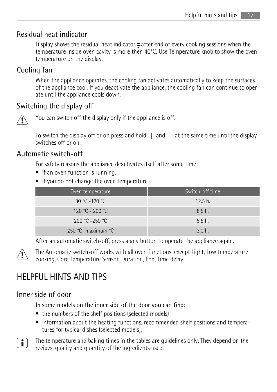 Helpful hints and tips, Residual heat indicator, Cooling fan | Switching the display off, Automatic switch-off, Inner side of door | AEG BE3003021M User Manual | Page 17 / 40