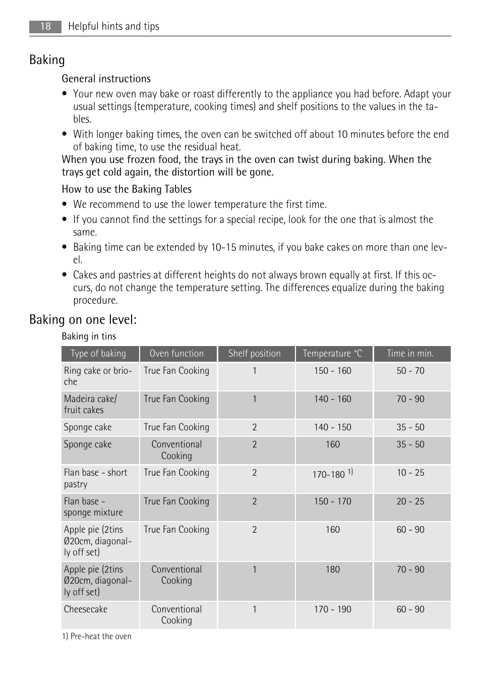 Baking, Baking on one level | AEG BE3003021M User Manual | Page 18 / 40