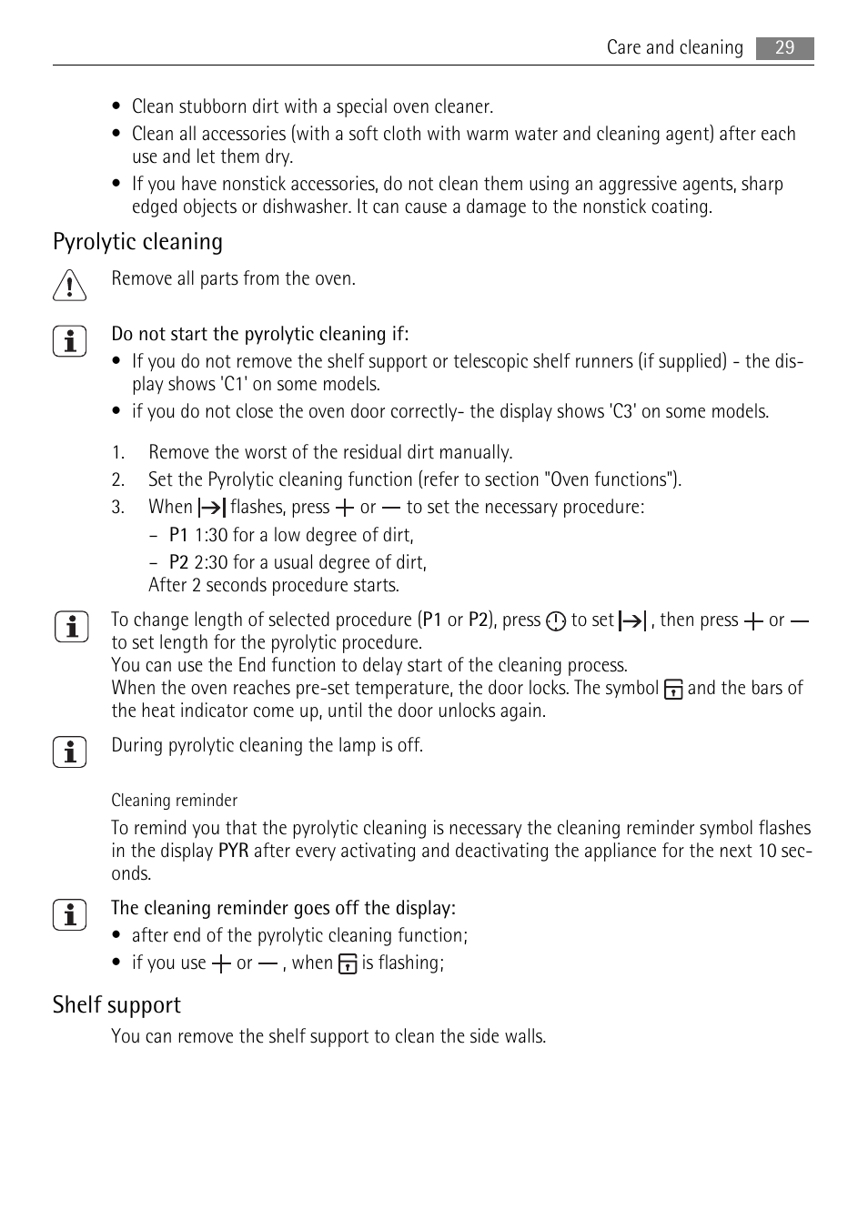 Pyrolytic cleaning, Shelf support | AEG BE3003021M User Manual | Page 29 / 40