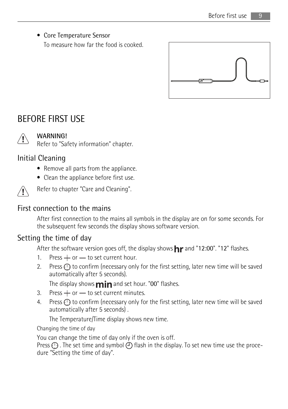 Before first use, Initial cleaning, First connection to the mains | Setting the time of day | AEG BE3003021M User Manual | Page 9 / 40