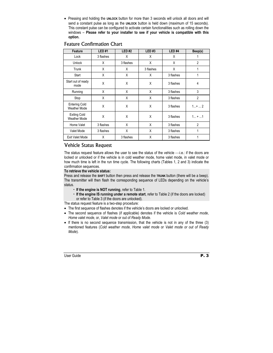 Feature confirmation chart, Vehicle status request | Autostart TWO - WAYLE User Manual | Page 3 / 17