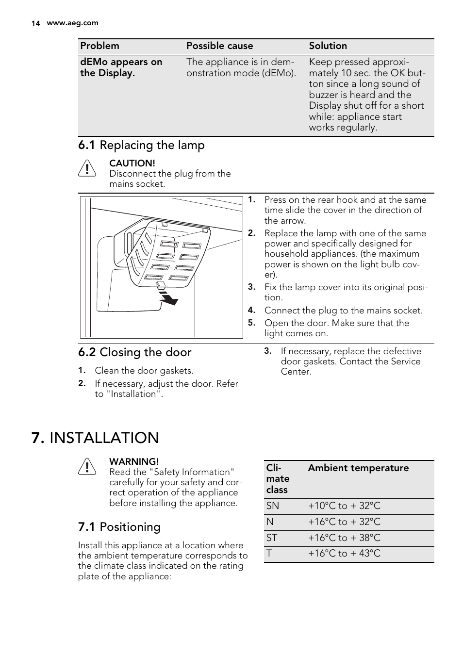 Installation, 1 replacing the lamp, 2 closing the door | 1 positioning | AEG SCS51800F0 User Manual | Page 14 / 24