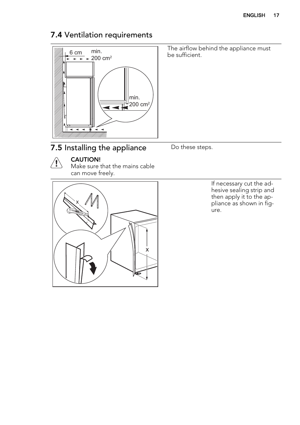 4 ventilation requirements, 5 installing the appliance | AEG SCS51800F0 User Manual | Page 17 / 24