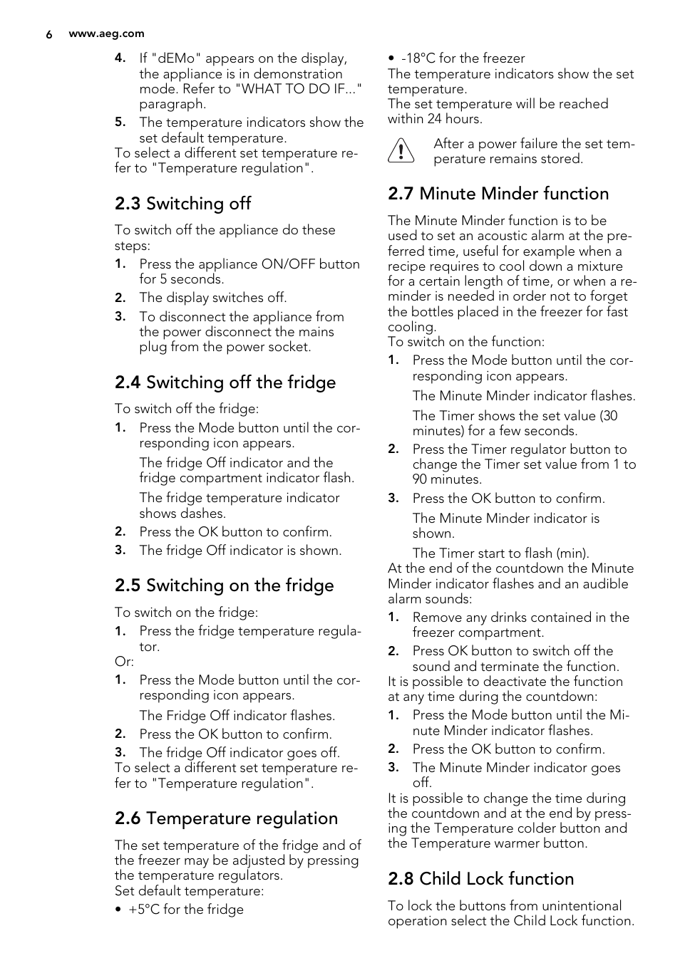 3 switching off, 4 switching off the fridge, 5 switching on the fridge | 6 temperature regulation, 7 minute minder function, 8 child lock function | AEG SCS51800F0 User Manual | Page 6 / 24