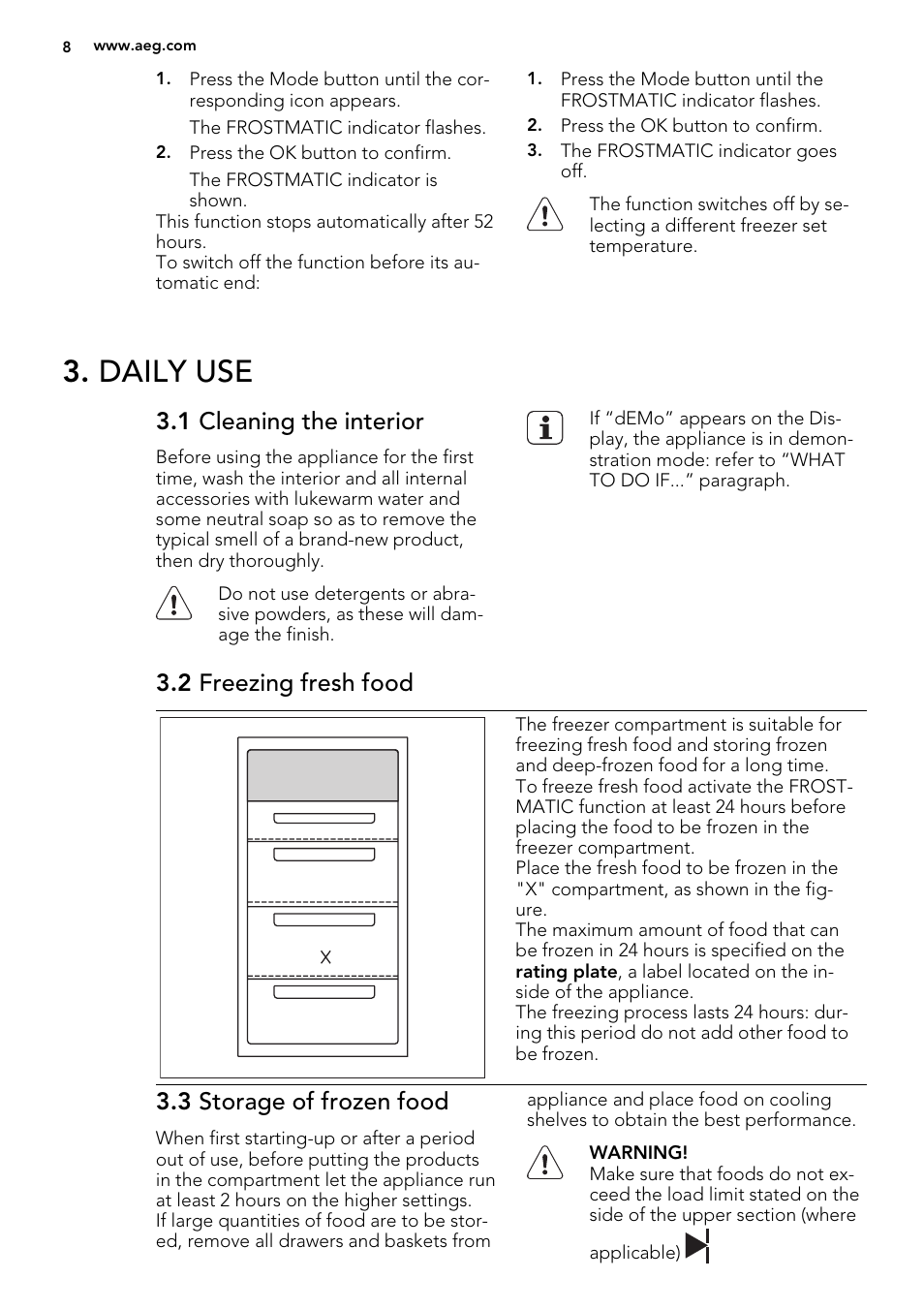 Daily use, 1 cleaning the interior, 2 freezing fresh food | 3 storage of frozen food | AEG SCS51800F0 User Manual | Page 8 / 24