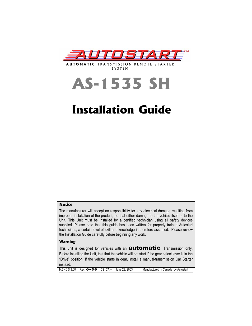 Autostart AS-1535 SH User Manual | 19 pages