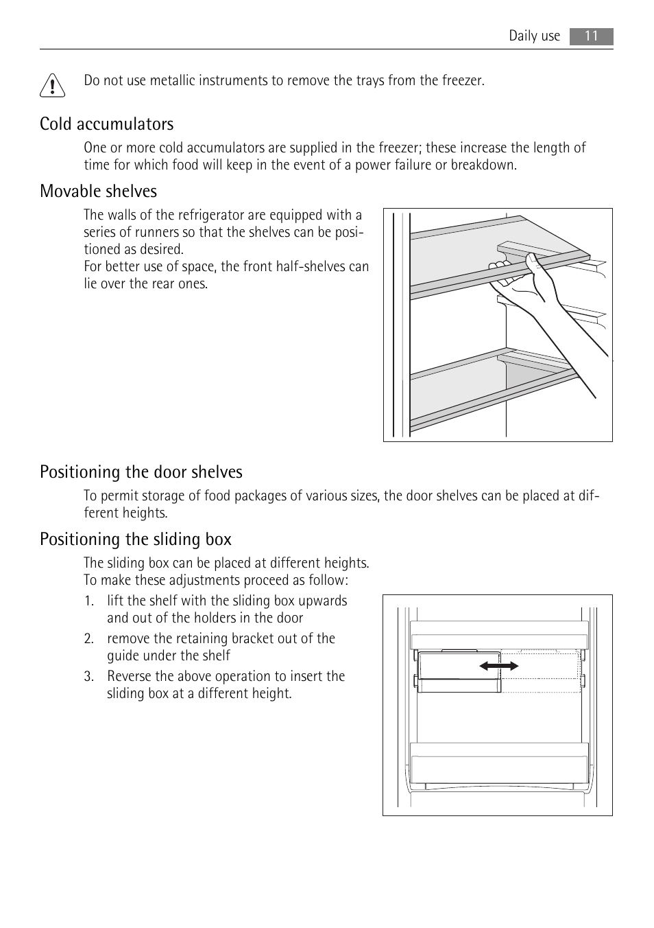Cold accumulators, Movable shelves, Positioning the door shelves | Positioning the sliding box | AEG SCS51810S0 User Manual | Page 11 / 28