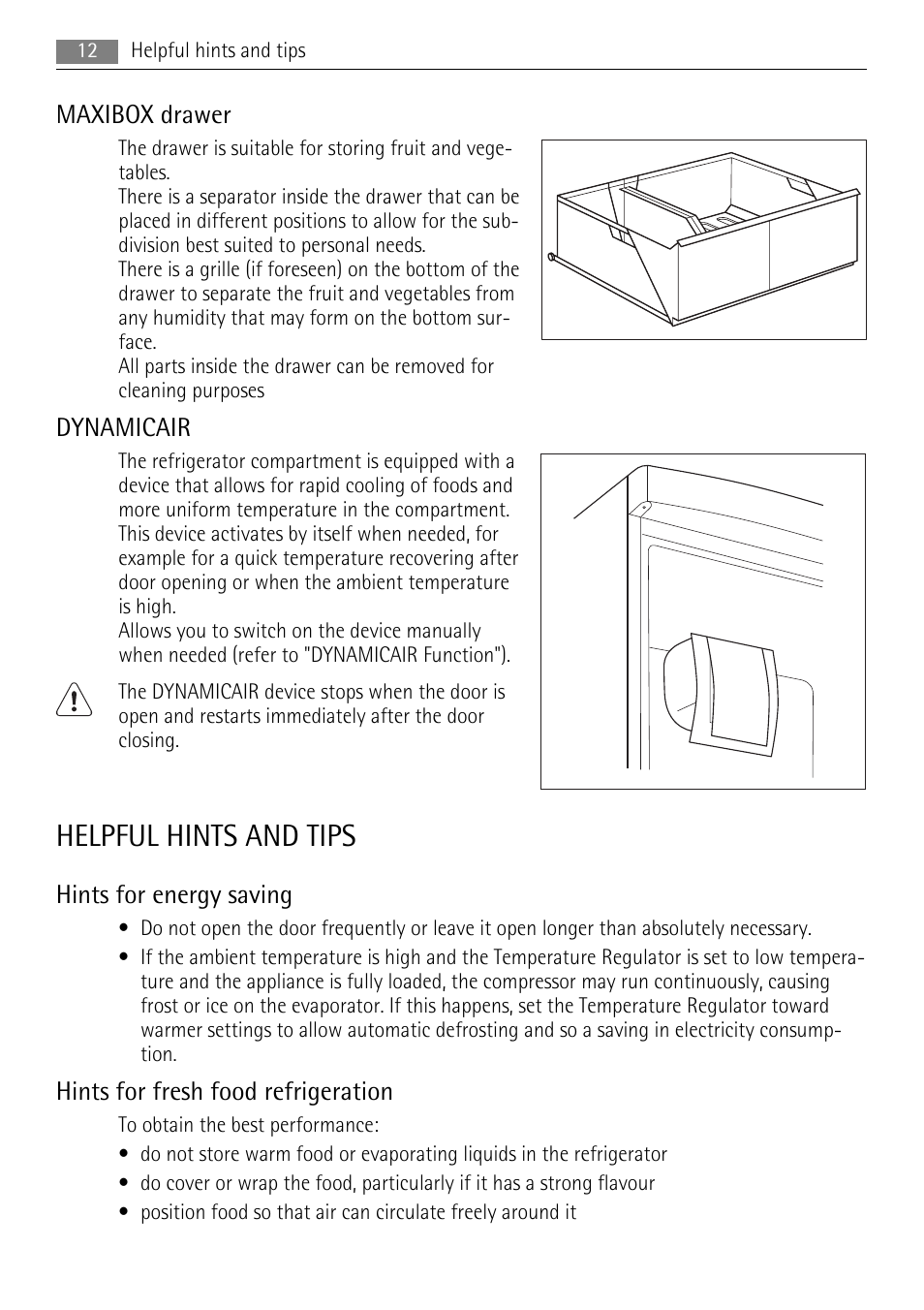 Helpful hints and tips, Maxibox drawer, Dynamicair | Hints for energy saving, Hints for fresh food refrigeration | AEG SCS51810S0 User Manual | Page 12 / 28