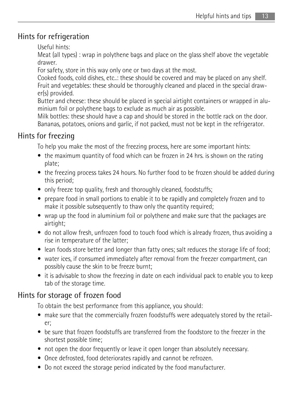 Hints for refrigeration, Hints for freezing, Hints for storage of frozen food | AEG SCS51810S0 User Manual | Page 13 / 28