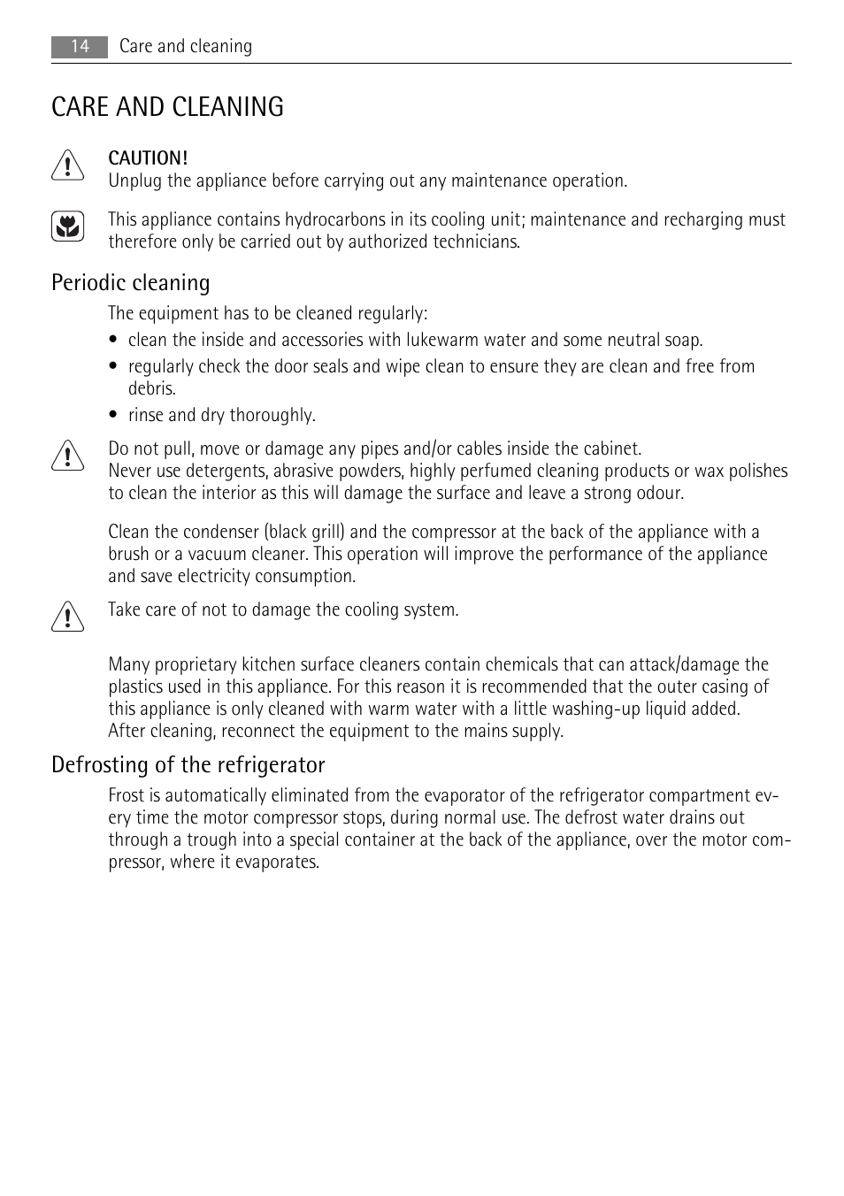 Care and cleaning, Periodic cleaning, Defrosting of the refrigerator | AEG SCS51810S0 User Manual | Page 14 / 28