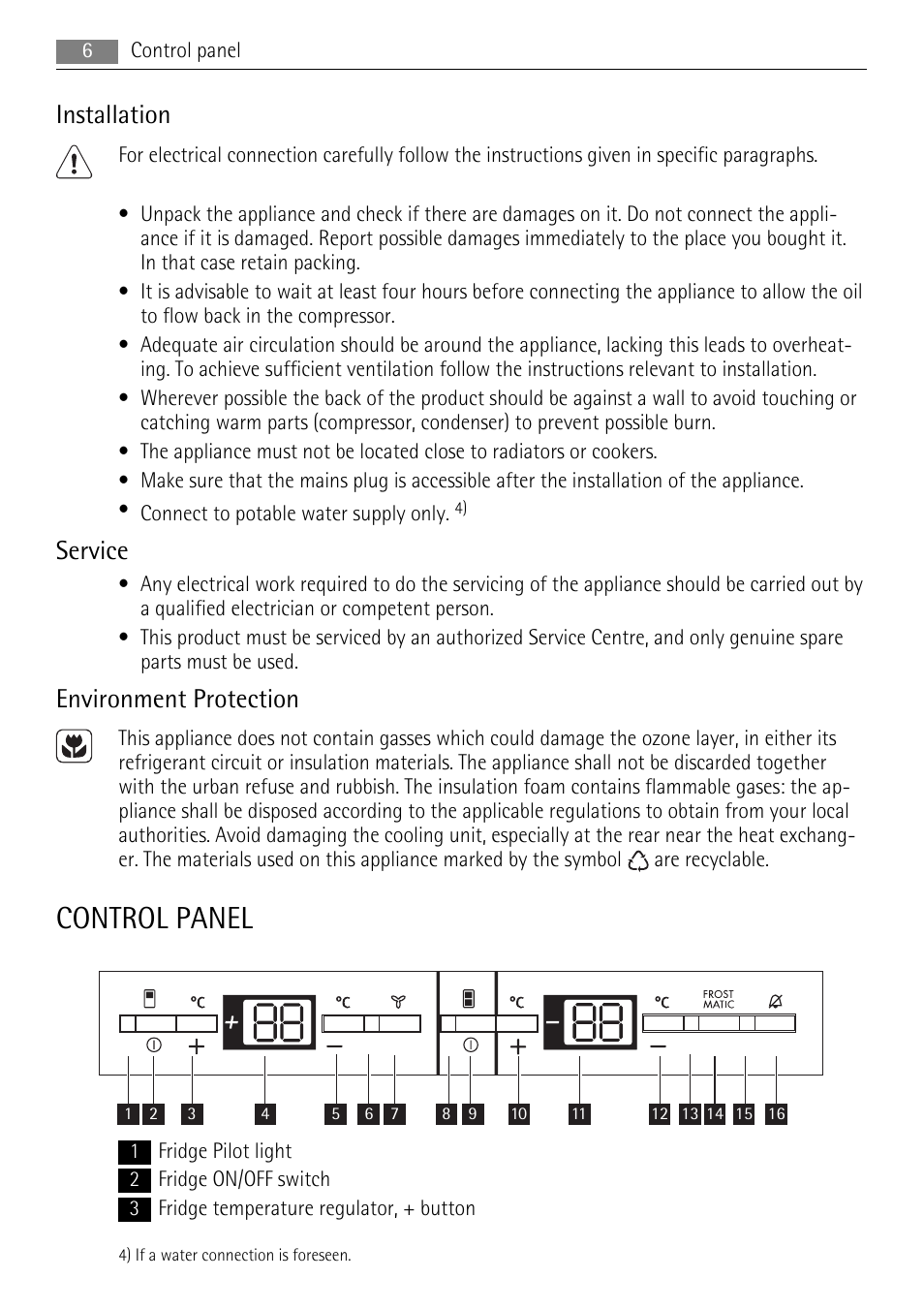 Control panel, Installation, Service | Environment protection | AEG SCS51810S0 User Manual | Page 6 / 28