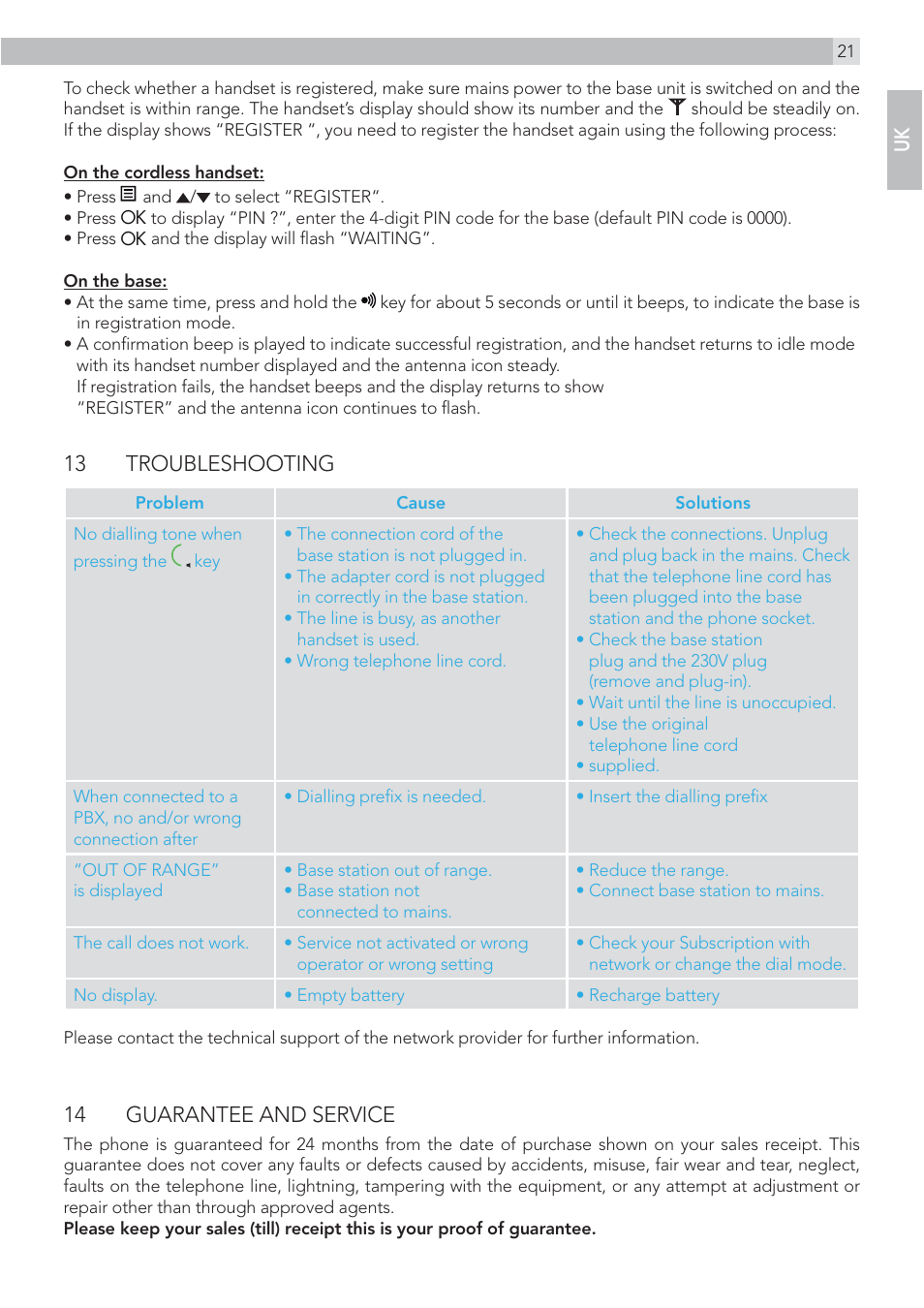 13 troubleshooting, 14 guarantee and service | AEG Voxtel S110 combo User Manual | Page 21 / 24