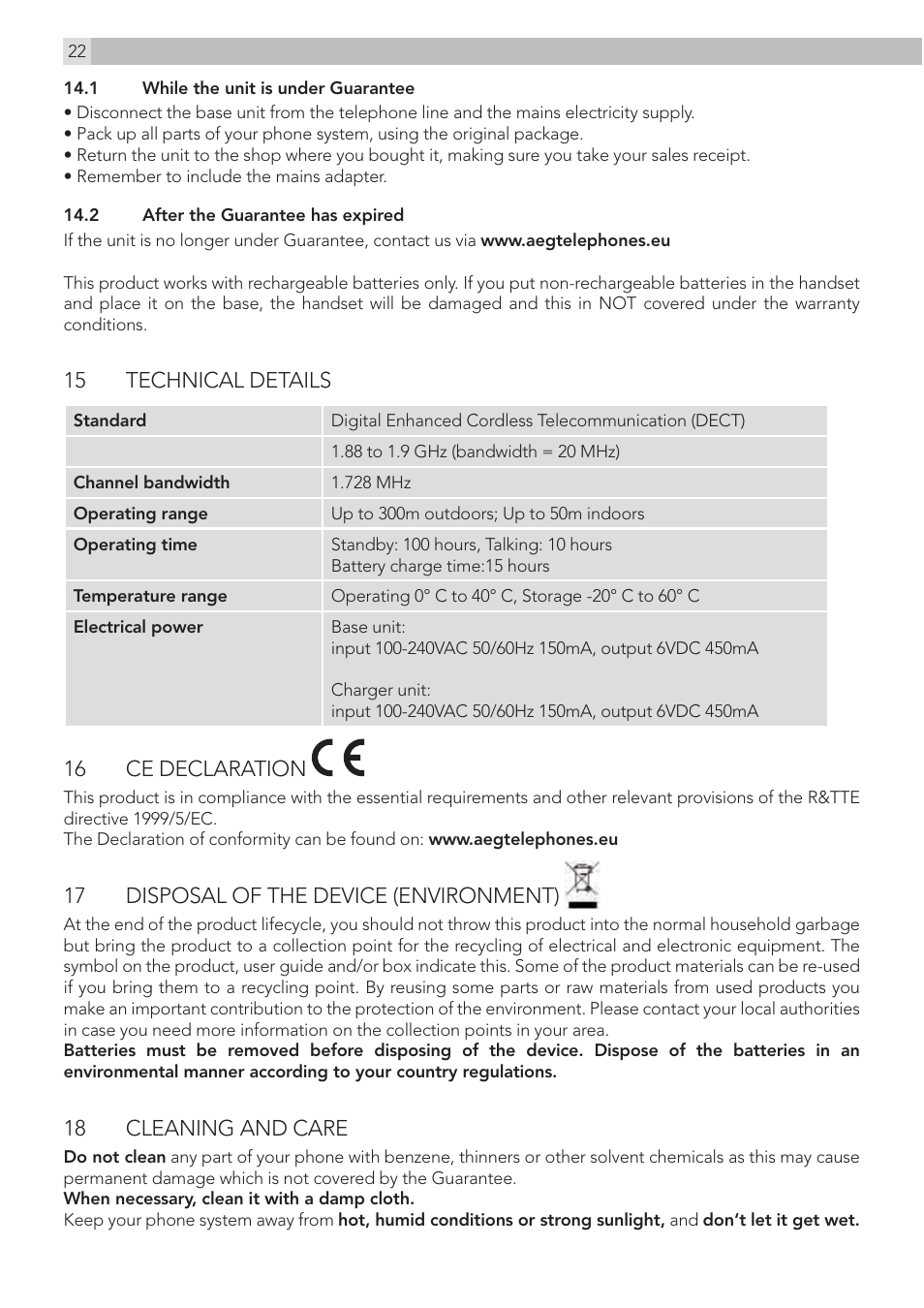 AEG Voxtel S110 combo User Manual | Page 22 / 24