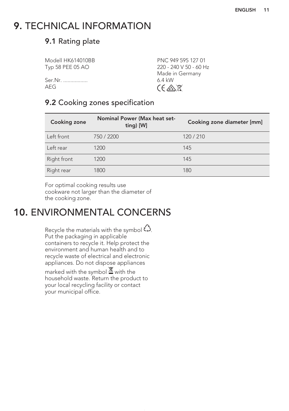 Technical information, 1 rating plate, 2 cooking zones specification | Environmental concerns | AEG HK614010MB User Manual | Page 11 / 12