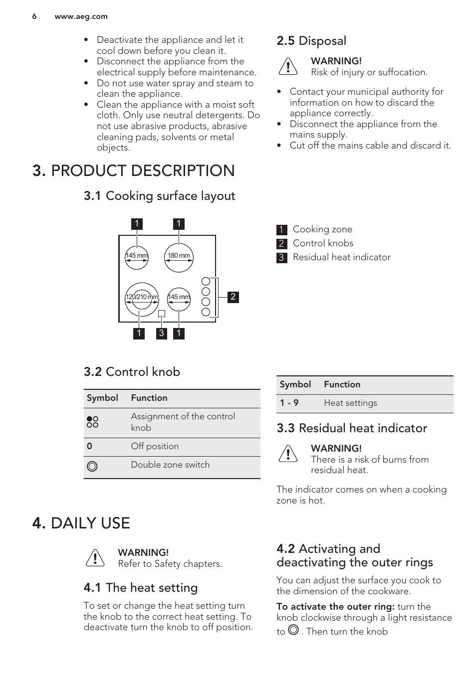 5 disposal, Product description, 1 cooking surface layout | 2 control knob, 3 residual heat indicator, Daily use, 1 the heat setting, 2 activating and deactivating the outer rings, Product description 4. daily use | AEG HK614010MB User Manual | Page 6 / 12