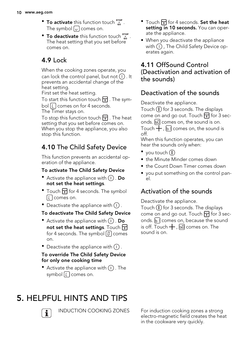 Helpful hints and tips, 9 lock, 10 the child safety device | Activation of the sounds | AEG HK654400XB User Manual | Page 10 / 24