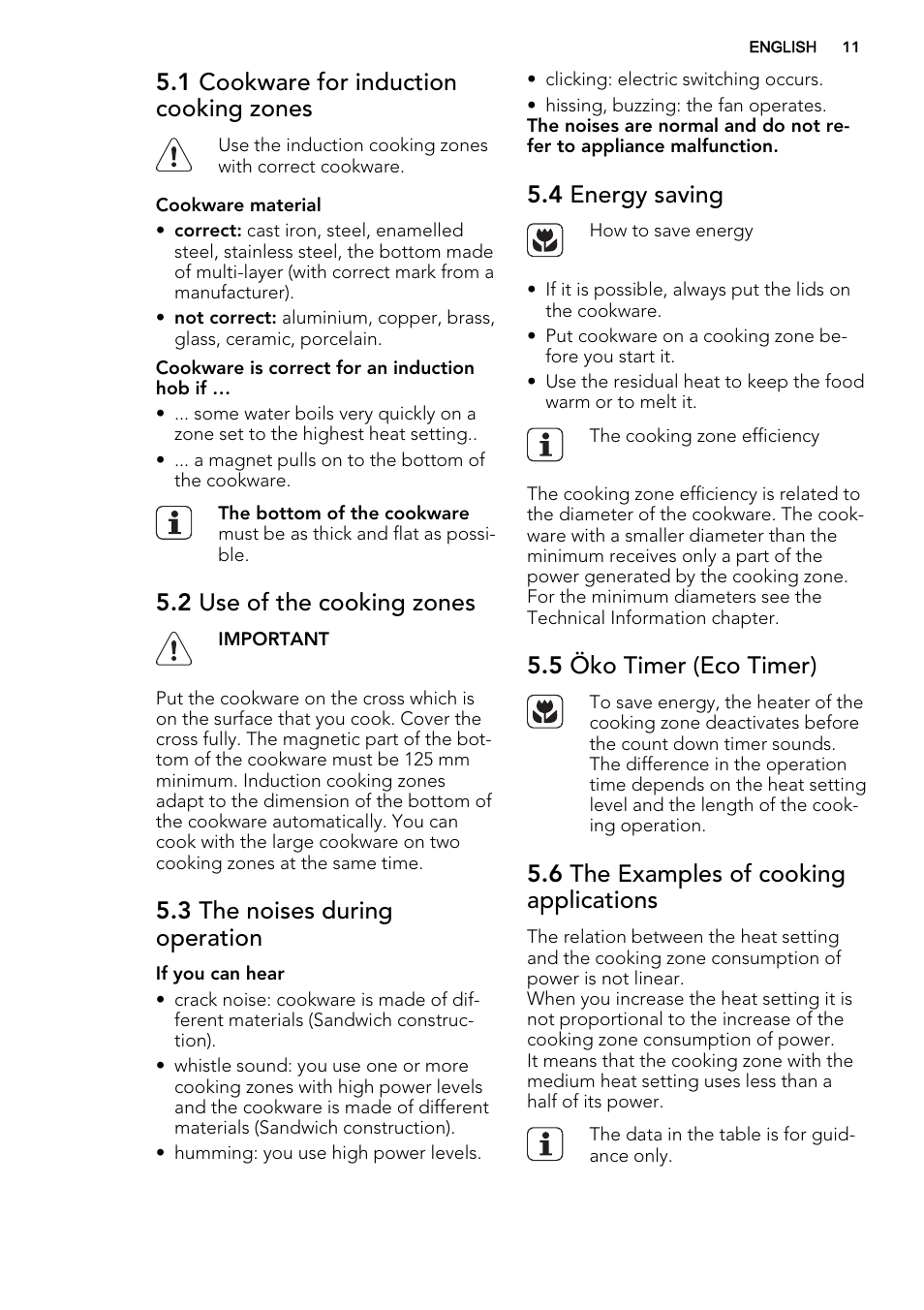 1 cookware for induction cooking zones, 2 use of the cooking zones, 3 the noises during operation | 4 energy saving, 5 öko timer (eco timer), 6 the examples of cooking applications | AEG HK654400XB User Manual | Page 11 / 24