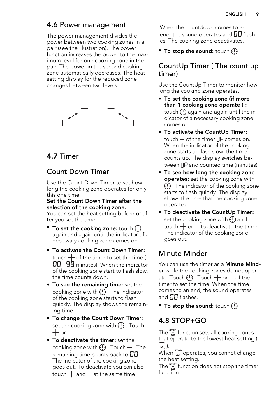 6 power management, 7 timer count down timer, Countup timer ( the count up timer) | Minute minder, 8 stop+go | AEG HK654400XB User Manual | Page 9 / 24