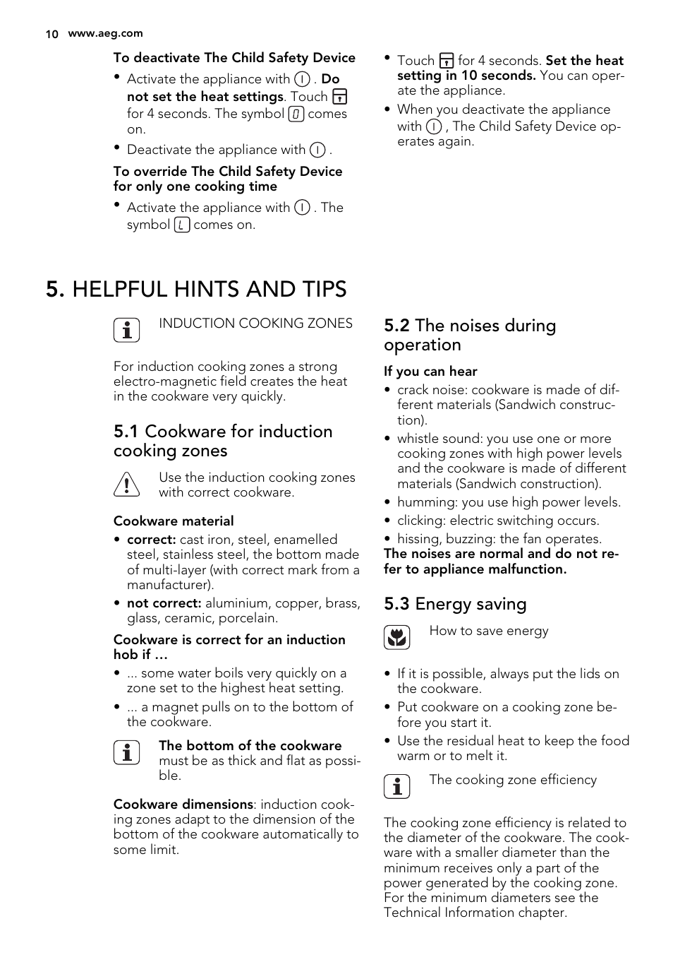 Helpful hints and tips, 1 cookware for induction cooking zones, 2 the noises during operation | 3 energy saving | AEG HK953400FB User Manual | Page 10 / 20