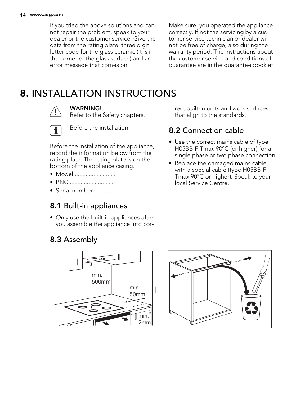 Installation instructions, 1 built-in appliances, 2 connection cable | 3 assembly | AEG HK953400FB User Manual | Page 14 / 20