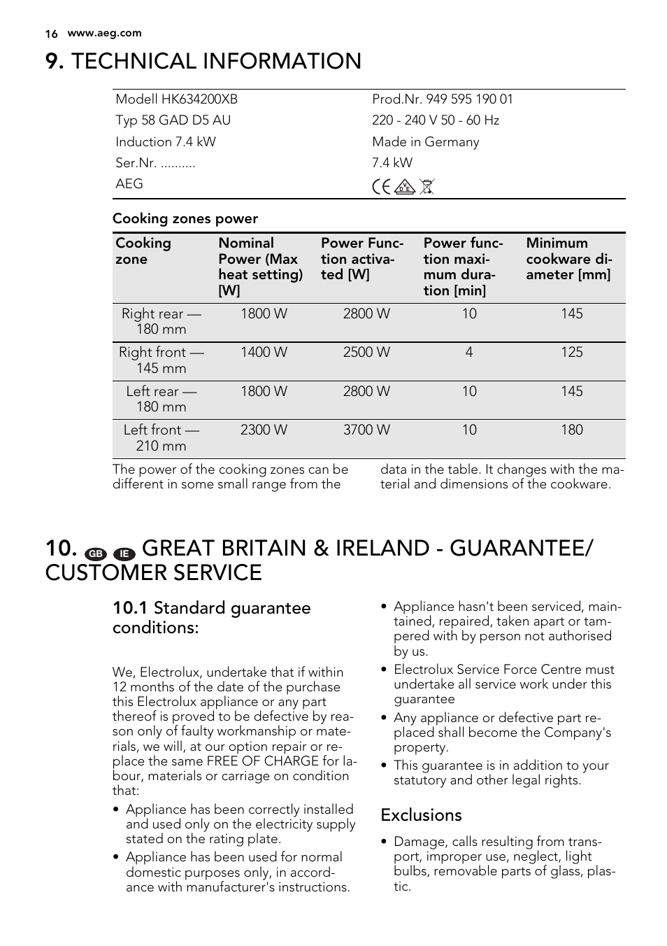 Technical information, 1 standard guarantee conditions, Exclusions | AEG HK953400FB User Manual | Page 16 / 20
