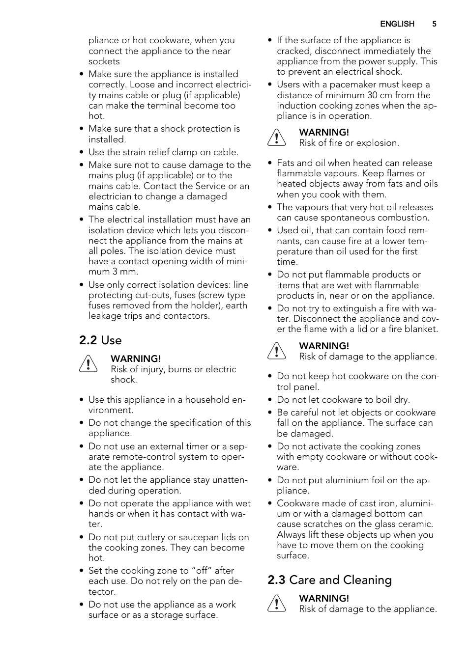 2 use, 3 care and cleaning | AEG HK953400FB User Manual | Page 5 / 20