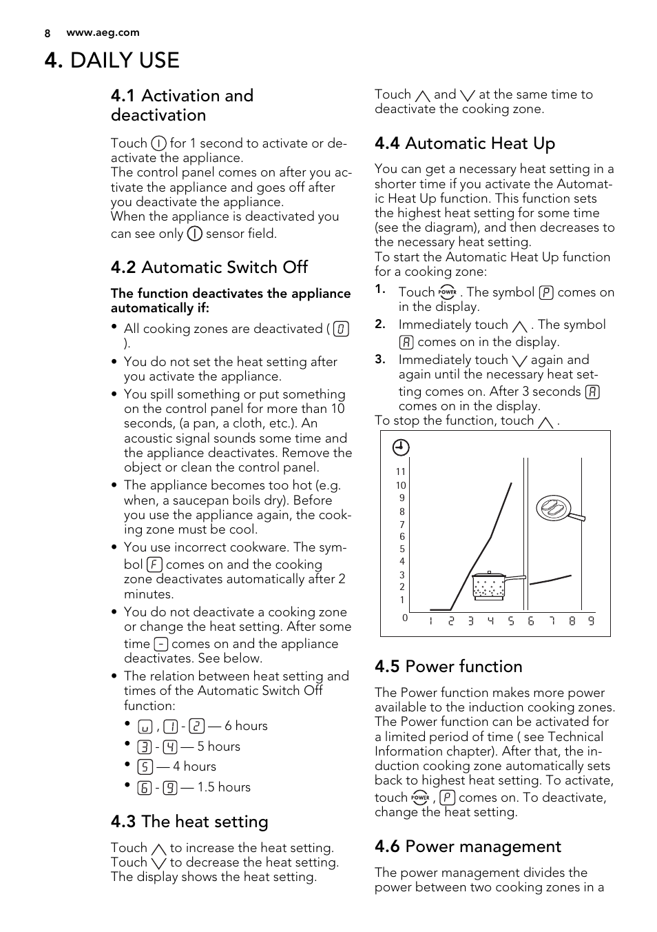 Daily use, 1 activation and deactivation, 2 automatic switch off | 3 the heat setting, 4 automatic heat up, 5 power function, 6 power management | AEG HK953400FB User Manual | Page 8 / 20