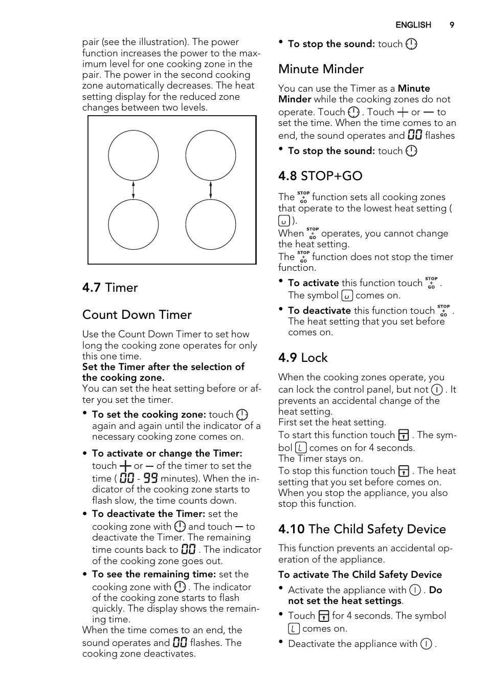 7 timer count down timer, Minute minder, 8 stop+go | 9 lock, 10 the child safety device | AEG HK953400FB User Manual | Page 9 / 20