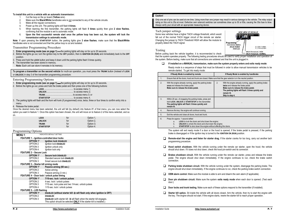 Transmitter programming procedure, Entering programming options, Programming options | Tach jumper settings, Testing | Autostart AS-3472TW-FM User Manual | Page 2 / 4