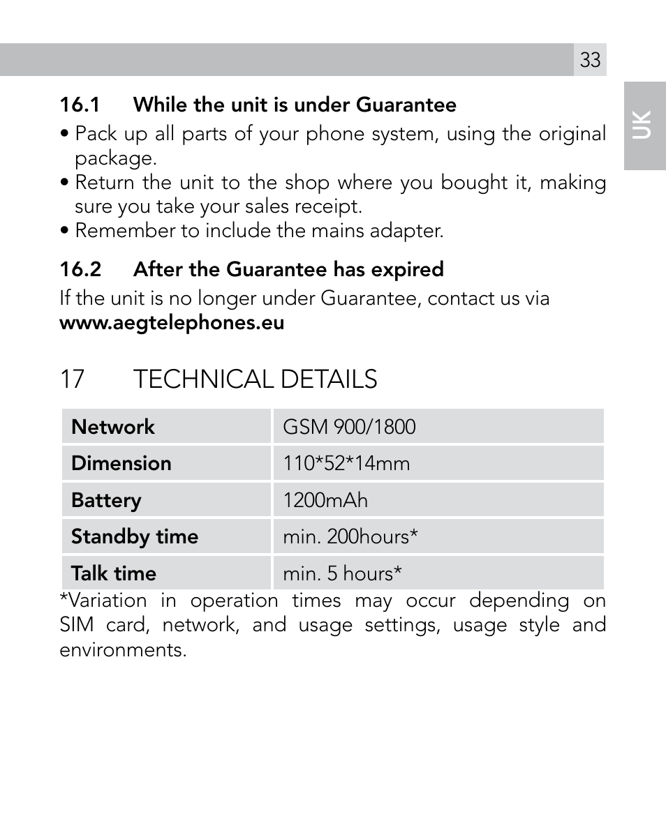 17 technical details | AEG Voxtel M300 User Manual | Page 33 / 38