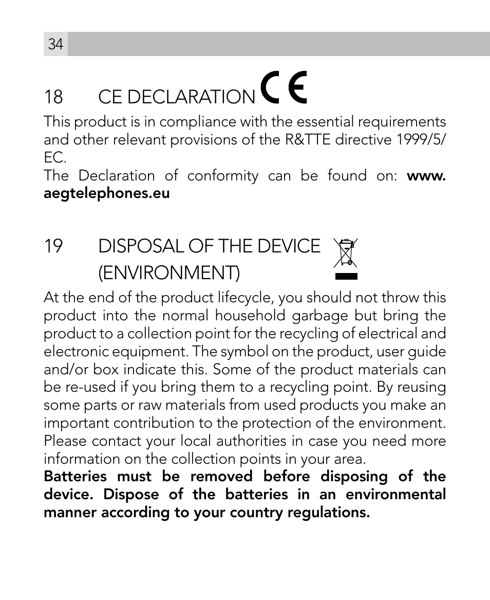 18 ce declaration, 19 disposal of the device (environment) | AEG Voxtel M300 User Manual | Page 34 / 38