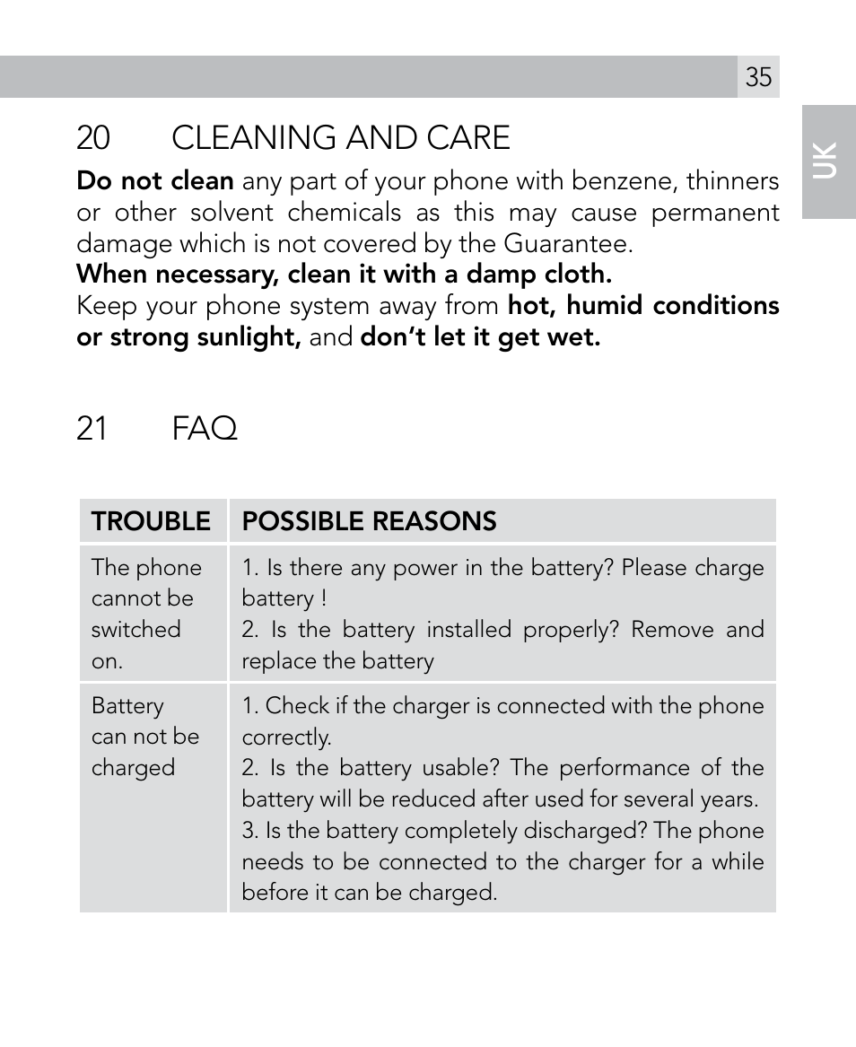 20 cleaning and care, 21 faq | AEG Voxtel M300 User Manual | Page 35 / 38