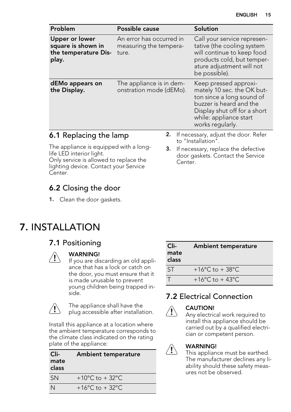 Installation, 1 replacing the lamp, 2 closing the door | 1 positioning, 2 electrical connection | AEG SKS58800S2 User Manual | Page 15 / 20