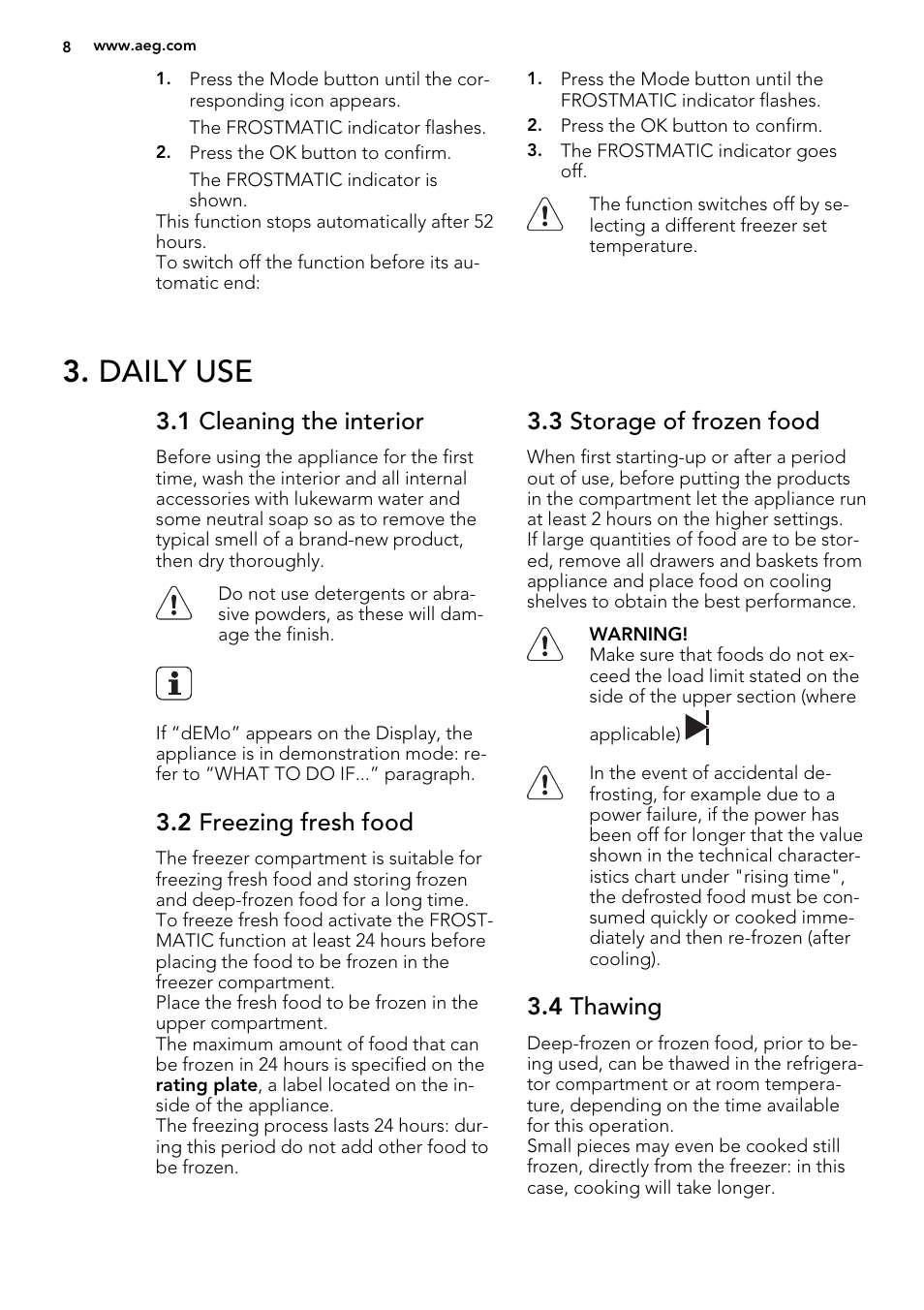 Daily use, 1 cleaning the interior, 2 freezing fresh food | 3 storage of frozen food, 4 thawing | AEG SKS58800S2 User Manual | Page 8 / 20