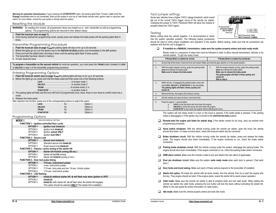 Resetting the module, Transmitter programming procedure, Entering programming options | Programming options, Tach jumper settings, Testing | Autostart AS-2450vTW-FM User Manual | Page 2 / 4