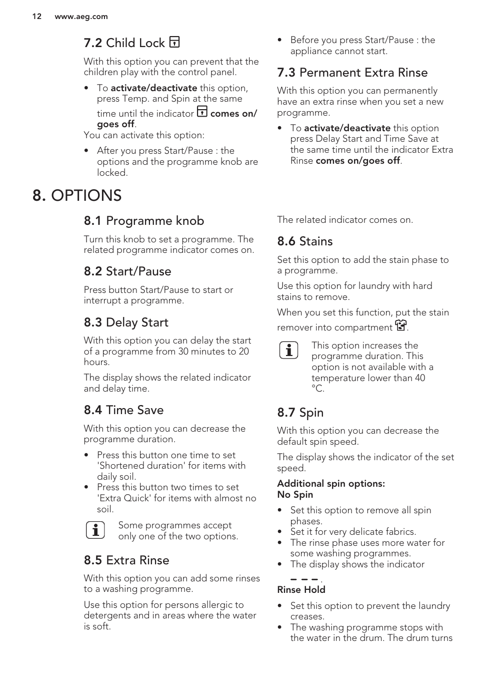 2 child lock, 3 permanent extra rinse, Options | 1 programme knob, 2 start/pause, 3 delay start, 4 time save, 5 extra rinse, 6 stains, 7 spin | AEG L75480FL User Manual | Page 12 / 28