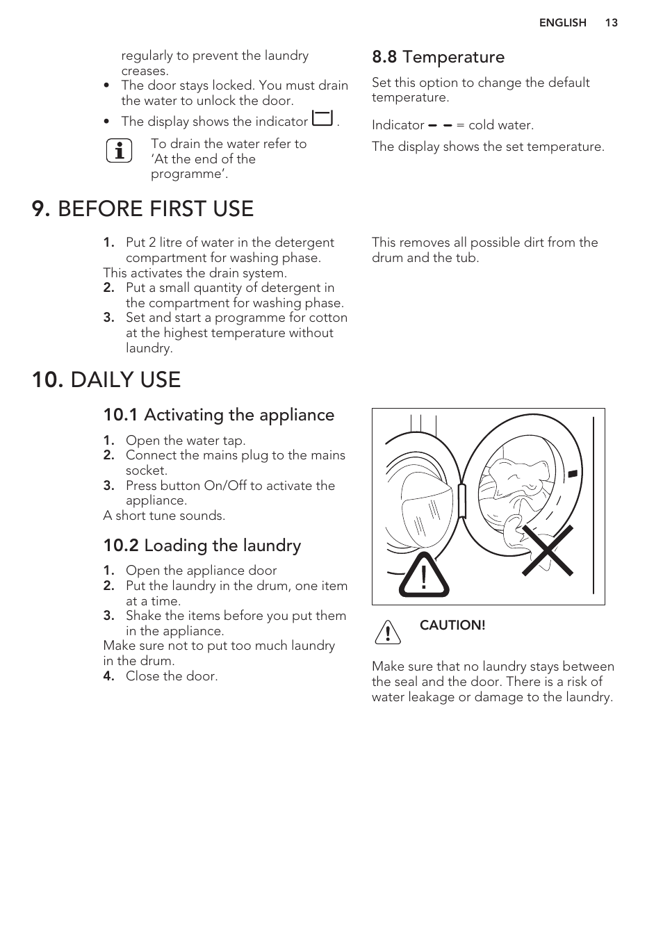 8 temperature, Before first use, Daily use | 1 activating the appliance, 2 loading the laundry, Before first use 10. daily use | AEG L75480FL User Manual | Page 13 / 28