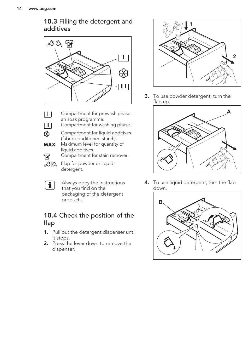 3 filling the detergent and additives, 4 check the position of the flap | AEG L75480FL User Manual | Page 14 / 28