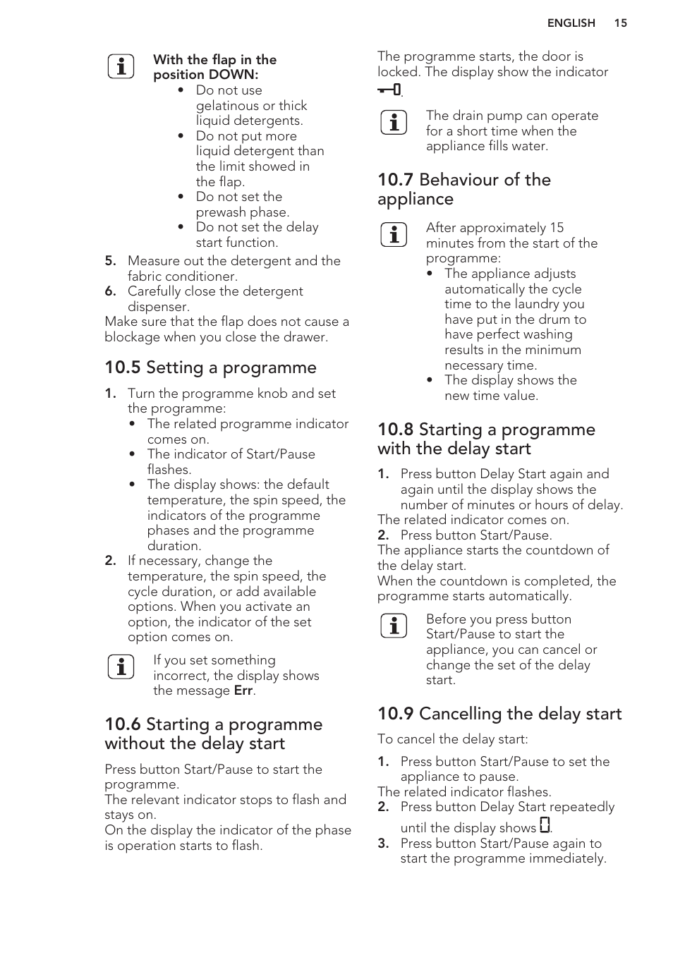 5 setting a programme, 6 starting a programme without the delay start, 7 behaviour of the appliance | 8 starting a programme with the delay start, 9 cancelling the delay start | AEG L75480FL User Manual | Page 15 / 28