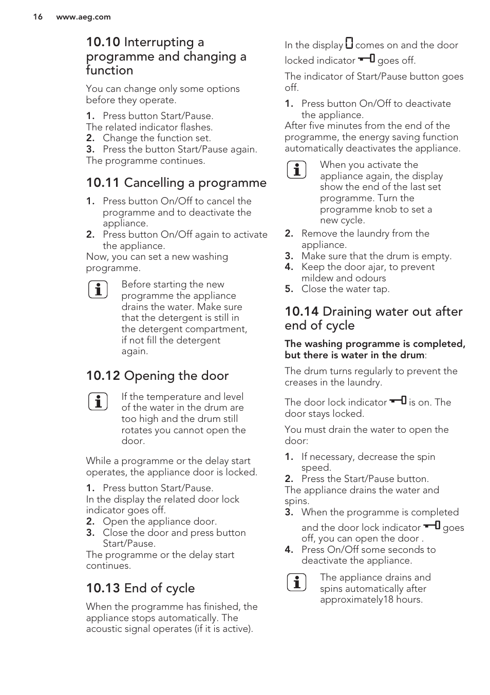 11 cancelling a programme, 12 opening the door, 13 end of cycle | 14 draining water out after end of cycle | AEG L75480FL User Manual | Page 16 / 28