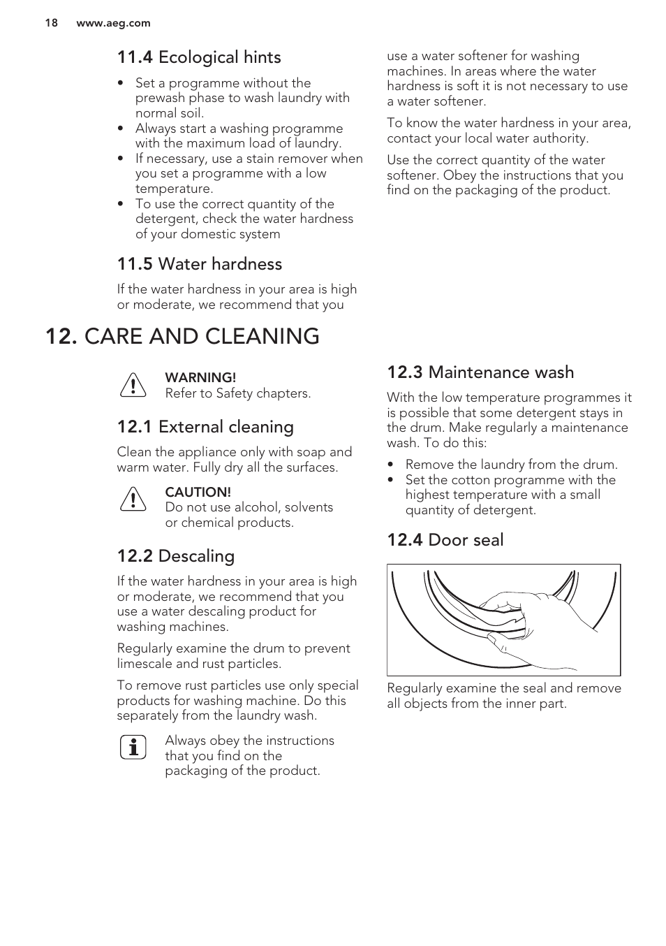 4 ecological hints, 5 water hardness, Care and cleaning | 1 external cleaning, 2 descaling, 3 maintenance wash, 4 door seal | AEG L75480FL User Manual | Page 18 / 28