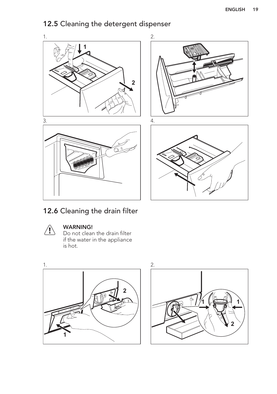 5 cleaning the detergent dispenser, 6 cleaning the drain filter | AEG L75480FL User Manual | Page 19 / 28