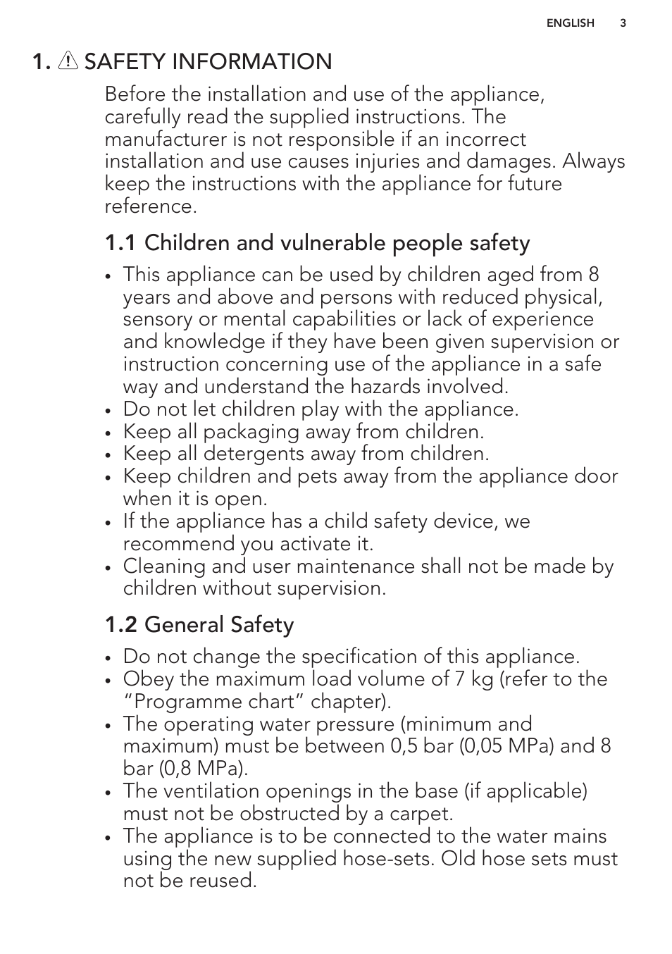 Safety information, 1 children and vulnerable people safety, 2 general safety | AEG L75480FL User Manual | Page 3 / 28