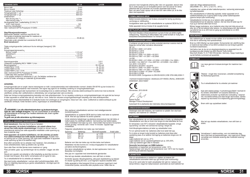 Norsk | AEG SE 3.6 User Manual | Page 16 / 35