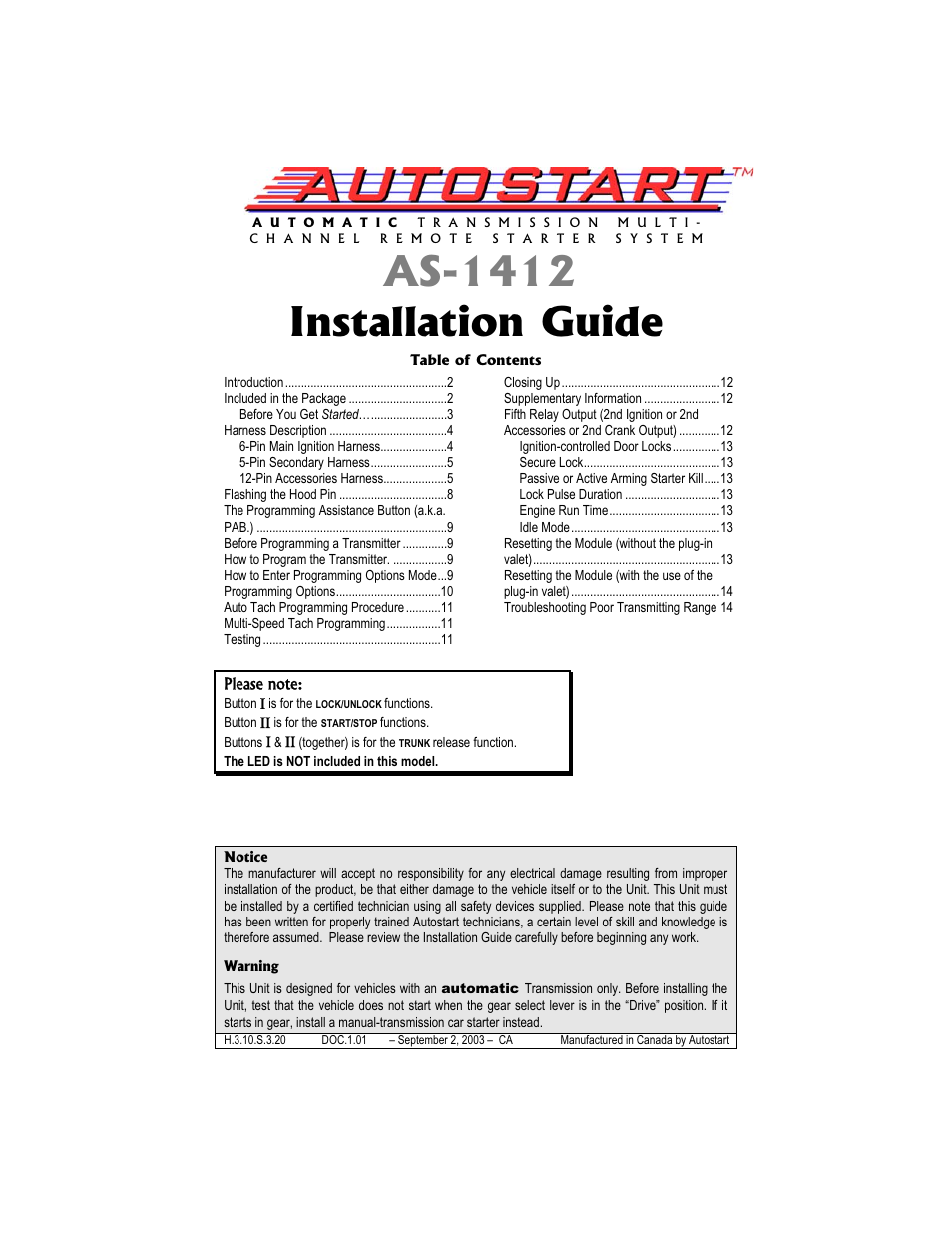 Autostart AS-1412 User Manual | 14 pages