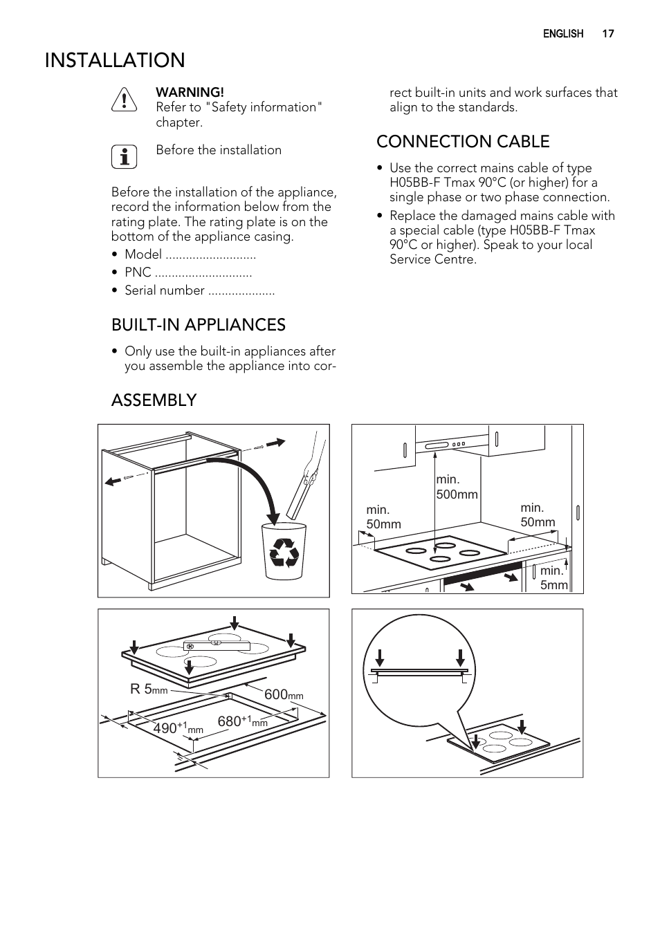 Installation, Built-in appliances, Connection cable | Assembly | AEG HG694340NB User Manual | Page 17 / 20